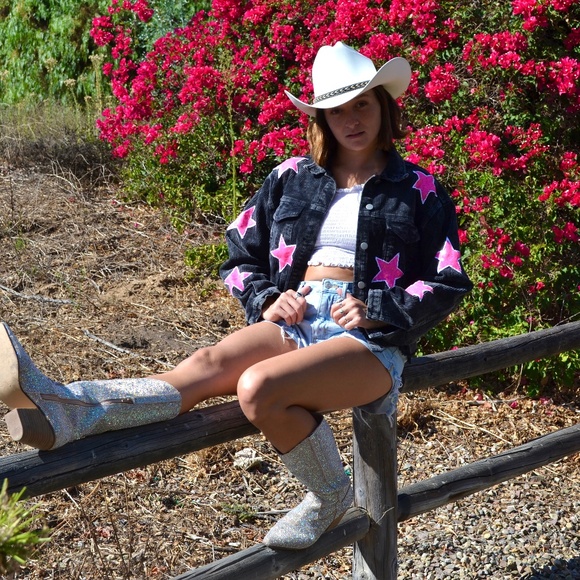 Black and Pink Star Corduroy Western Cowgirl Jacket, Country Jacket - Picture 4 of 10